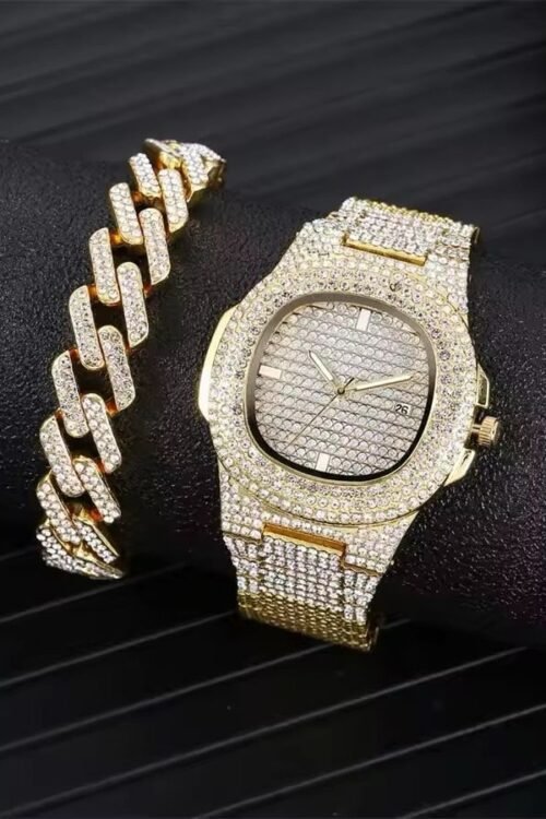 Gold Silver Color Alloy Iced Out Bling Rhinestone Hip Hop Quartz Watch Cuban Link Chain Bracelet Jewelry Set