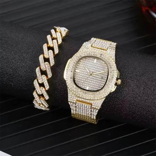 Gold Silver Color Alloy Iced Out Bling Rhinestone Hip Hop Quartz Watch Cuban Link Chain Bracelet Jewelry Set