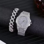 Gold Silver Color Alloy Iced Out Bling Rhinestone Hip Hop Quartz Watch Cuban Link Chain Bracelet Jewelry Set - Image 4