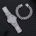 Gold Silver Color Alloy Iced Out Bling Rhinestone Hip Hop Quartz Watch Cuban Link Chain Bracelet Jewelry Set - Image 3