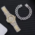 Gold Silver Color Alloy Iced Out Bling Rhinestone Hip Hop Quartz Watch Cuban Link Chain Bracelet Jewelry Set - Image 5