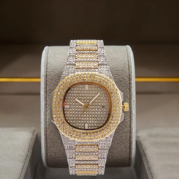 Gold Silver Color Alloy Iced Out Bling Rhinestone Hip Hop Quartz Watch Cuban Link Chain Bracelet Jewelry Set - Image 7