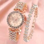 Rose Gold Bling Rhinestone and Alloy Hip Hop Women's butterfly Watch Bracelet Jewelry Set