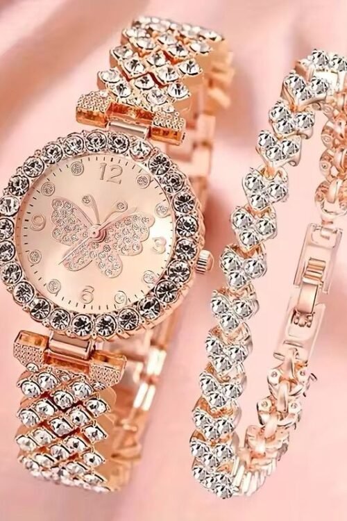 Rose Gold Bling Rhinestone and Alloy Hip Hop Women’s butterfly Watch Bracelet Jewelry Set