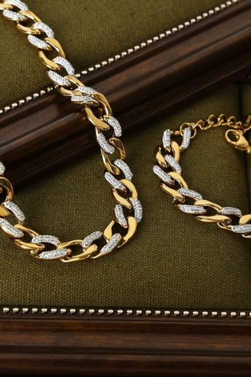 Hip Hop Cuban Stainless Steel 18k Gold Plated Chunky Cz Zircon for Women Necklaces Chain Bracelets Fashion Jewelry Sets
