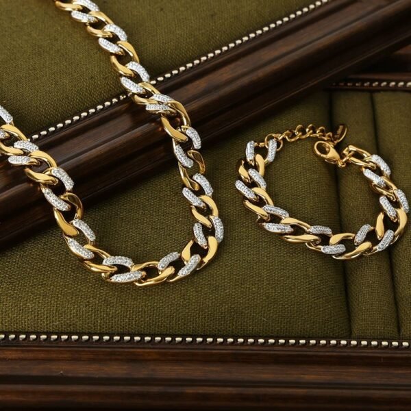 Hip Hop Cuban Stainless Steel 18k Gold Plated Chunky Cz Zircon for Women Necklaces Chain Bracelets Fashion Jewelry Sets