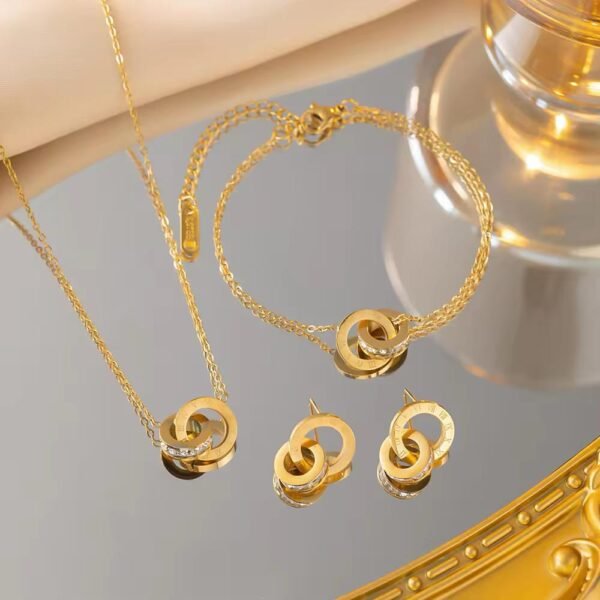 High Quality Bracelets Stud Pendant Women 18k Gold Plated Stainless Steel Zircon Roman Numerals Fashion Jewelry Set