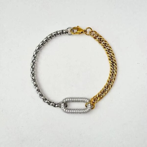 Tarnish Free Stainless Steel Two Tone Splicing Brass Oval Full Zircon 18K Gold Plated Women Fashion Jewelry Chain Bracelets - Image 4