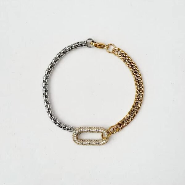 Tarnish Free Stainless Steel Two Tone Splicing Brass Oval Full Zircon 18K Gold Plated Women Fashion Jewelry Chain Bracelets - Image 2