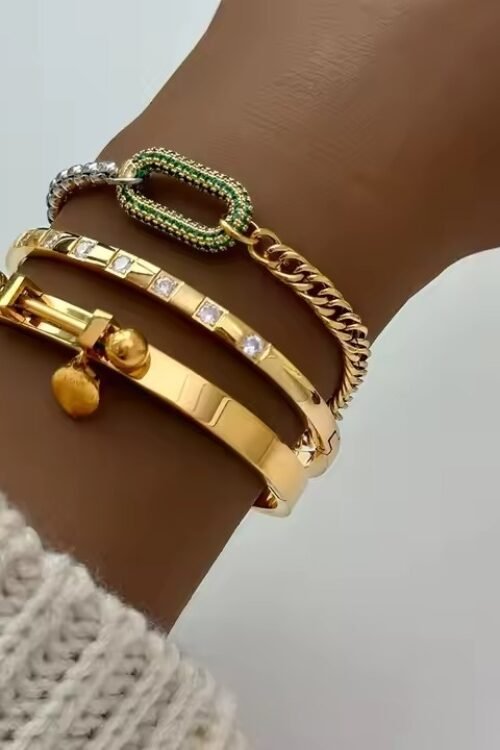 Tarnish Free Stainless Steel Two Tone Splicing Brass Oval Full Zircon 18K Gold Plated Women Fashion Jewelry Chain Bracelets