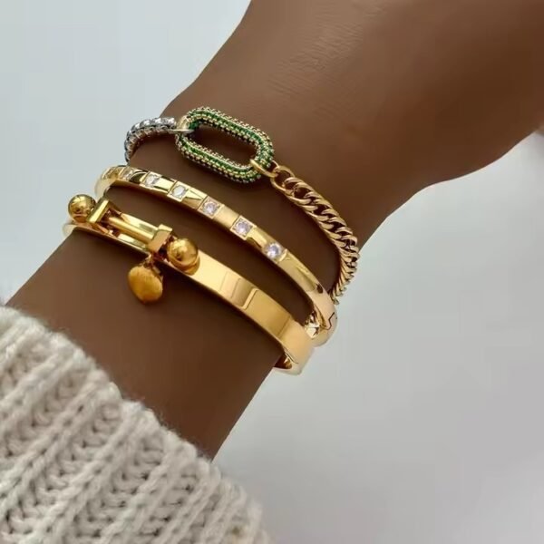Tarnish Free Stainless Steel Two Tone Splicing Brass Oval Full Zircon 18K Gold Plated Women Fashion Jewelry Chain Bracelets